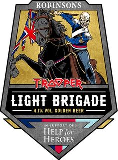 a beer label for trooper light brigade, featuring an image of a man riding a horse