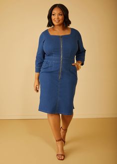 Dresses Brunch, Plus Size Denim Dress, Dresses For Plus Size Women, Dresses For Plus Size, Denim Bodycon Dress, Jean Dresses, Jean Skirts, Zip Front Dress, Denim And Diamonds