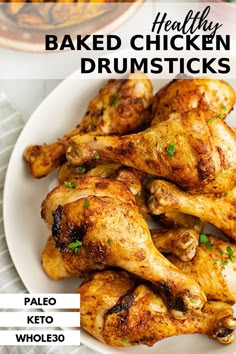 grilled chicken drumsticks on a white plate with text overlay that reads fried chicken drumsticks