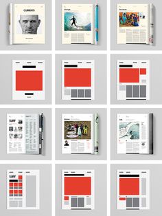 an image of a magazine layout with different colors and shapes on it's pages