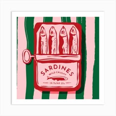 sardines in a red and green box on a striped background with the words sardines written below it