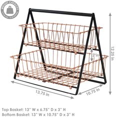 a wire basket with measurements for the top and bottom baskets on each side is shown