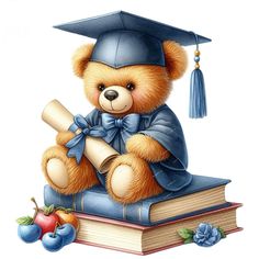 a teddy bear wearing a graduation cap and gown sitting on top of a pile of books