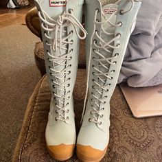 Knee High Lace Up Hunter Rainboots. Size Says 37 Fits 6-6.5 Lightly Used. Original Box Not Included Shoes Light Blue, Hunter Shoes, Women Hunters, Blue Lace, Rain Boots, Knee High, Original Box, Light Blue, Lace Up