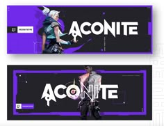 two banners with the words aconite and an image of a man holding a skateboard