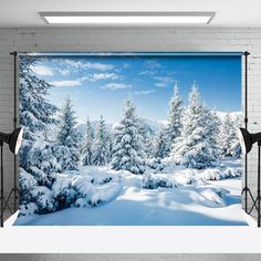 a snowy landscape with trees in the foreground