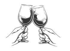 two hands holding wine glasses in each other's palms, black and white illustration