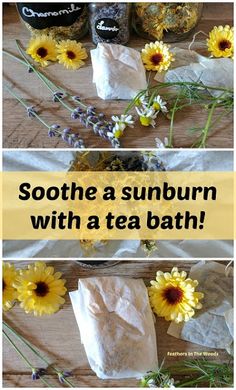 Feathers in the woods: Soothe a sunburn with a tea bath! Medicinal Flowers, Diy Sunflower, Herbal Bath Tea, Tub Tea, Tea Bath, Soothe Sunburn, Bath Recipes, Skin Natural Remedies, Bath Tea