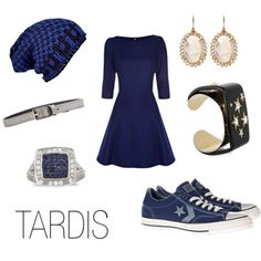 there is a blue dress and accessories on this page with the caption tardis