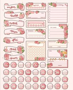 the pink sticker sheet is full of flowers and ribbons, with lots of text on it