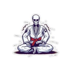 a skeleton sitting on the ground with a red belt in front of his face and hands