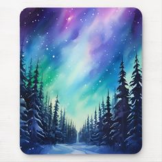 a painting of the night sky with stars and trees