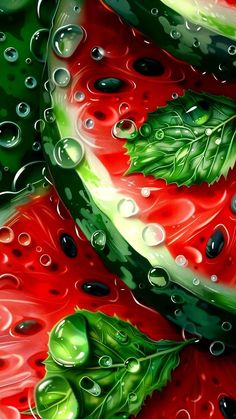 watermelon slices with leaves and bubbles on them