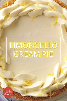 a lemoncello cream pie is shown with the words limoo cerame on it