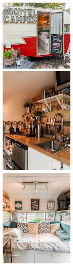 the inside and outside of a camper that has been converted into a kitchen area