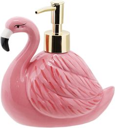 a pink flamingo shaped soap dispenser