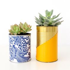 two tin can planters with succulents in them on a white surface