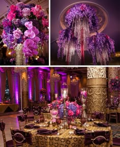 purple and gold wedding decor at the grand america hotel in las vegas, nv