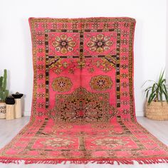 "One-of-a-kind Vintage Moroccan Rug, handknotted by Boujad Tribes in the Middle Atlas Mountains of Morocco Product Details: * One-of-a-kind - only one in stock! * Vintage * Dimensions: 6'4\" x 12'1\" (198 cm x 371 cm) * Material: 100% Wool * Dye: Natural Vegetable-Based Coloring" Moroccan Floor Cushions, Moroccan Floor, Moroccan Kilim, Rug Pink, Vintage Moroccan Rugs, Atlas Mountains, Style Expert, Vintage Moroccan, Cool Rugs