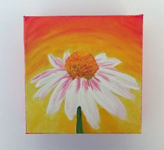 an acrylic painting of a white and pink flower in front of a yellow background