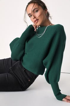 Keep your wardrobe stylish yet comfortable this winter season with a closet essential like the Lulus Classically Cozy Dark Green Ribbed Dolman Sleeve Cropped Sweater! This chic sweater is composed of stretchy midweight ribbed knit that shapes a pullover design and a boat neckline. Trendy dolman sleeves (with long fitted cuffs) frame the relaxed bodice that falls to a cute cropped hem. Fit: This garment fits true to size. Length: Size medium measures 16" from shoulder to hem. Bust: Great for any Green Longsleeves Outfit, Dark Green Top Outfit, Green Sweater Outfit, Green Top Outfit, Emerald Sweater, Emerald Green Sweater, Beige Turtleneck, Dark Green Top, Dark Green Sweater