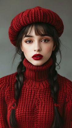 a woman with long hair wearing a red sweater and hat