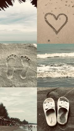 three different pictures with footprints in the sand