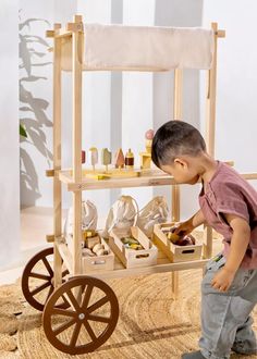 a little boy that is standing in front of a cart