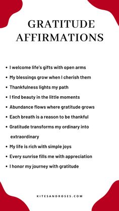 a red and white poster with the words gratitude affirmations