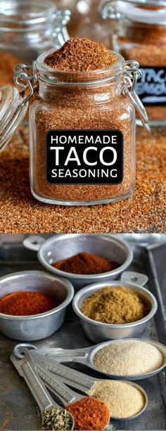 homemade taco seasoning in glass jars with spoons