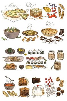 various food items are shown in this drawing