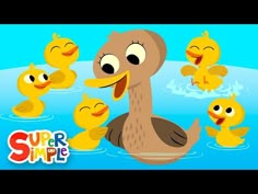 a cartoon duck with many little ducks in the water