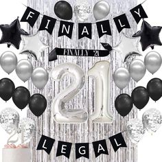 a 21st birthday banner with balloons and streamers in the shape of numbers twenty five