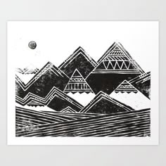 a black and white drawing of mountains