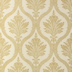 a gold and white wallpaper with an ornate design