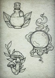 some ink drawings of different things on paper