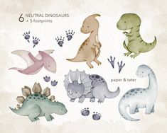 watercolor dinosaurs and their footprints are shown in this illustration with the words, neutral dinosaurs 5 - 5 foot prints