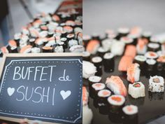 sushi is displayed on a table with a chalkboard that says buffet de sushi