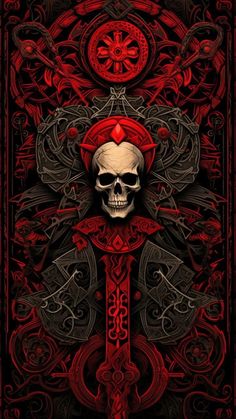 a red and black poster with a skull in the center, surrounded by ornate designs