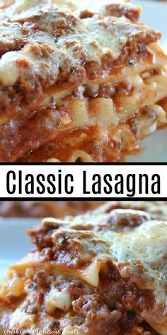 three different types of lasagna stacked on top of each other with the words classic lasagna above them