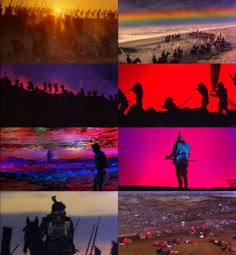 multiple images of people on the beach at sunset