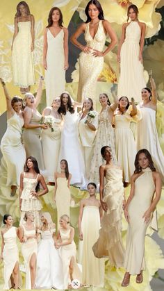 a collage of women in white dresses with flowers on the side and one woman wearing a yellow dress