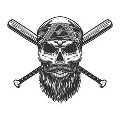 a skull wearing a hat with two baseball bats in his hand and a beard on top