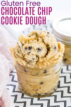 cookie dough in a glass jar with a spoon and text overlay that reads gluten free chocolate chip cookie dough