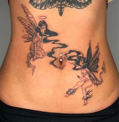 a woman's stomach with tattoos on it and a butterfly flying over her belly