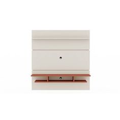 a white and red shelf with two drawers