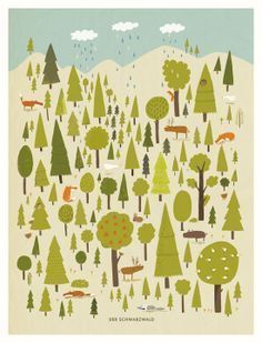 an illustration of trees and animals in the woods