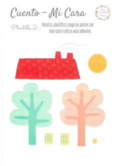 the back side of a card with trees and houses on it, in different colors