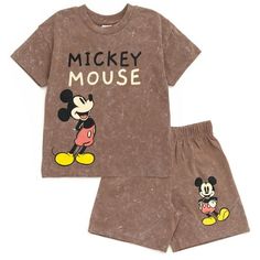 Get ready for a fun adventure in this cute and comfy Mickey Mouse outfit! This fashionable short sleeve shirt and shorts set features an easy-to-dress design and colorful artwork on the front and back of Mickey Mouse and his friends Pluto and Donald Duck! Soft and stylish, this cool Disney outfit is made of 100% cotton so your kid stays comfortable all day long! Due to the nature of the special wash on this garment, every piece will have variations of color and appearance. Size: 5T.  Color: Brow Disney Shirts Boys, Boys Disney Outfits, Toddler Boy Disney Outfit, Disney Outfits For Kids, Disney World Outfits For Kids, Dolphin Shorts Outfit, Modern Mickey Mouse Birthday, Family Disney Outfits, Disney Toddler Outfits