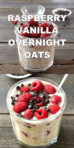 raspberry vanilla overnight oatmeal with chocolate chips and berries in it